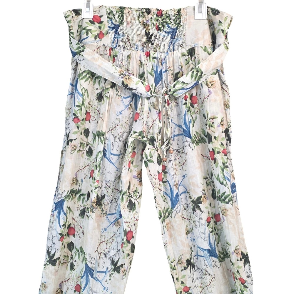 Cotton Daisy White Floral Print Boho Harem Pants Smocked Waist Tie Belt - Picture 4 of 9